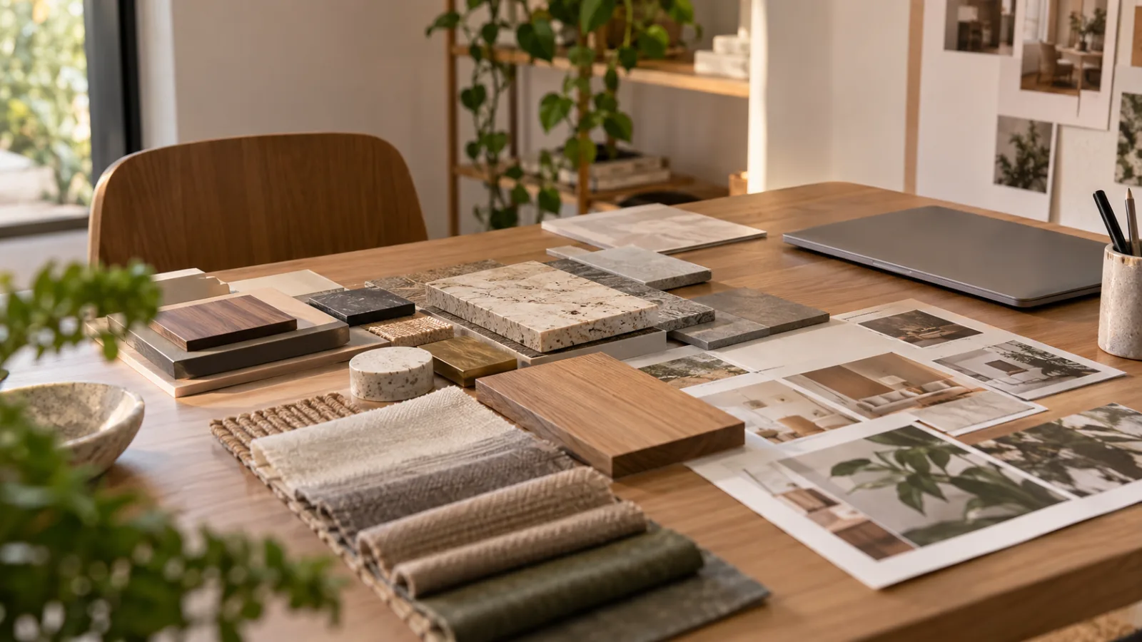 Mesa de estúdio de design de interiores com amostras de acabamento organizadas por ambiente, tecidos, revestimentos e uma prancha de referências