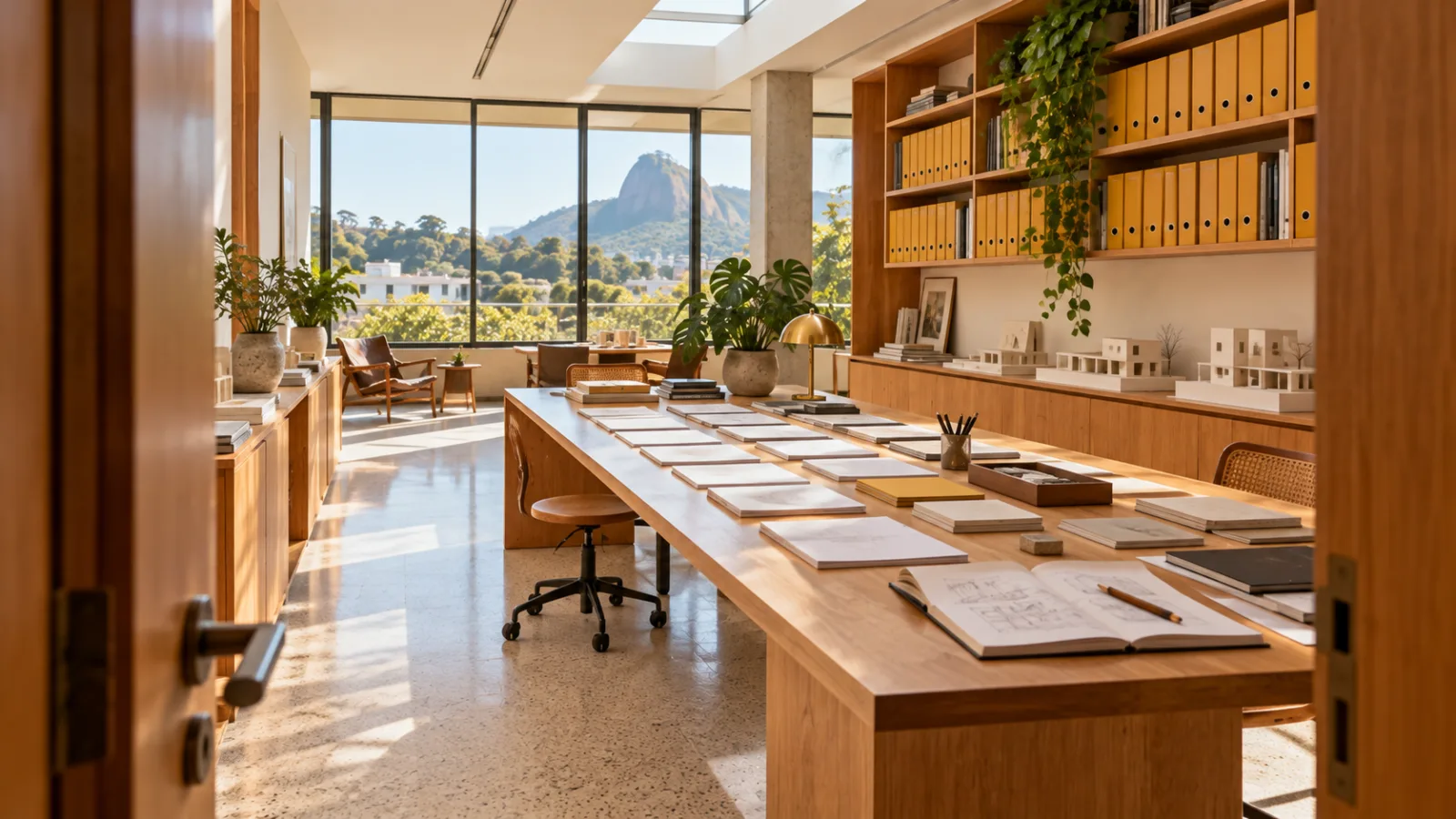 Estúdio de arquitetura vazio visto pela porta, com cartões em grade sobre a mesa e fichários amarelos em estantes de madeira mel