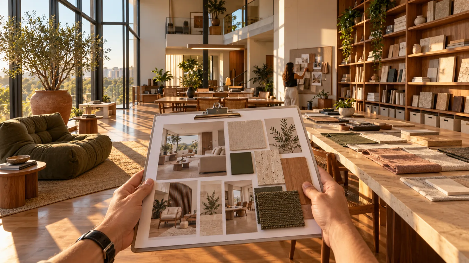 Mãos com relógio seguram prancheta com moodboard diante de um estúdio de interiores amplo, com estantes de cumaru e amostras