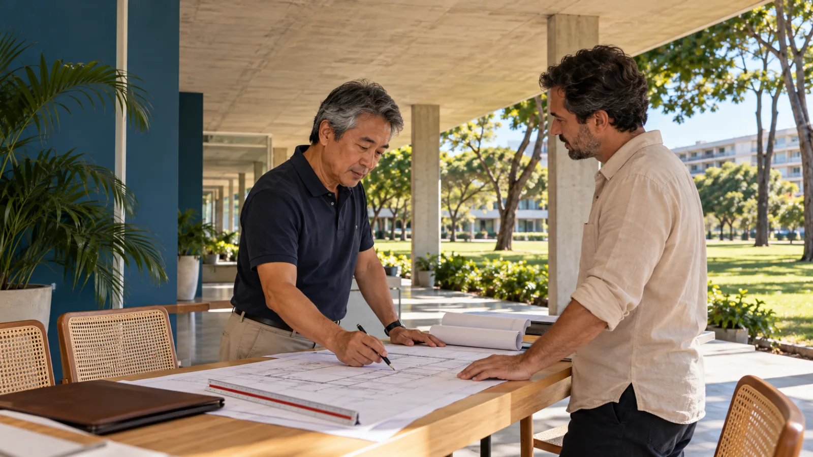 Engenheiro nipo-brasileiro conversa com cliente sobre plantas de estrutura na varanda de um escritório modernista em Brasília