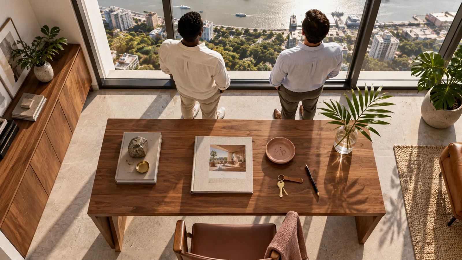 Vista de cima de mesa de nogueira com chaves e caderno de projeto, e um casal de homens olhando a vista pela janela em Belém