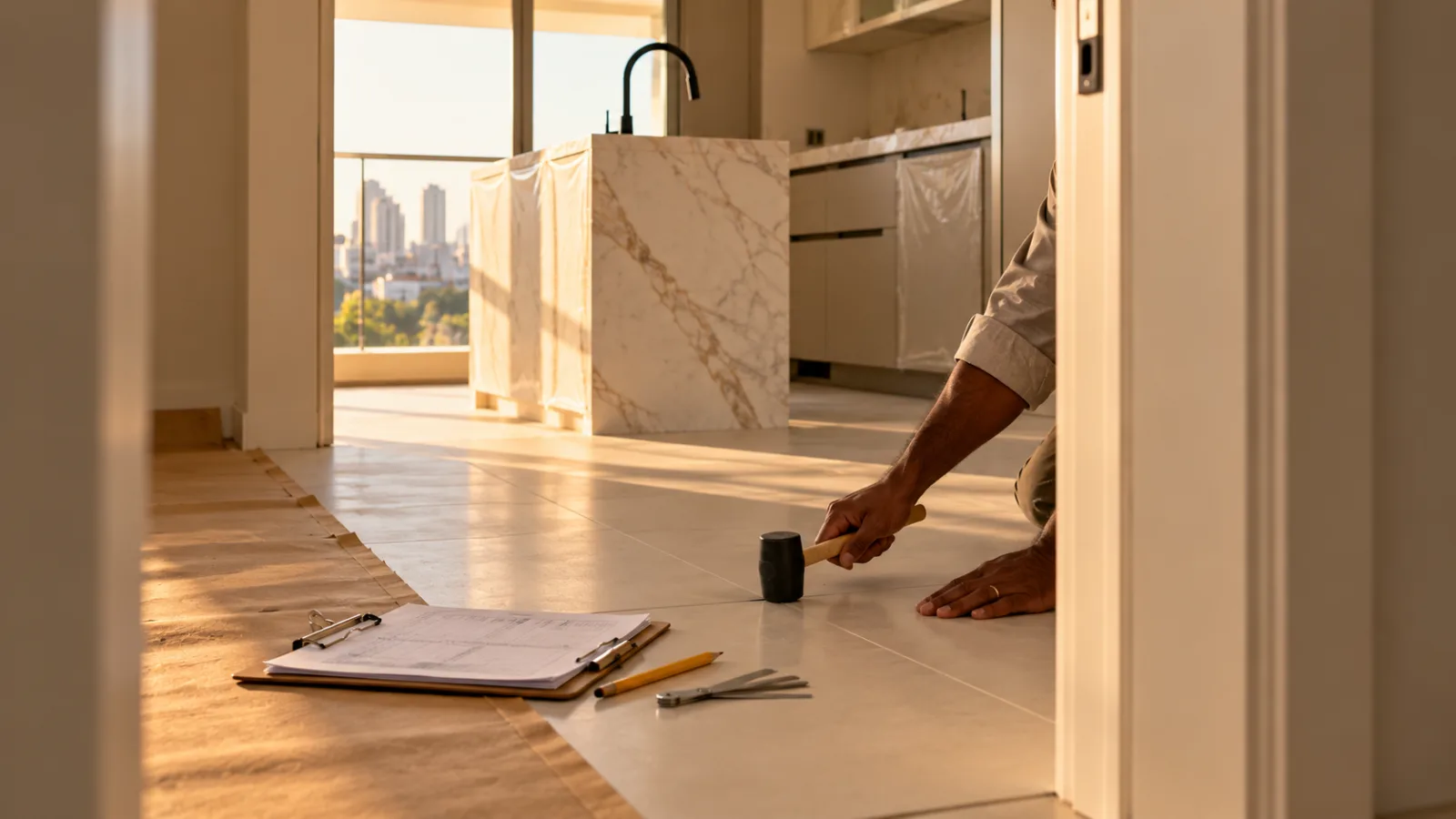 Mãos de pele morena escura com anel de ouro testam o porcelanato com martelinho numa cozinha em acabamento, vista pela porta