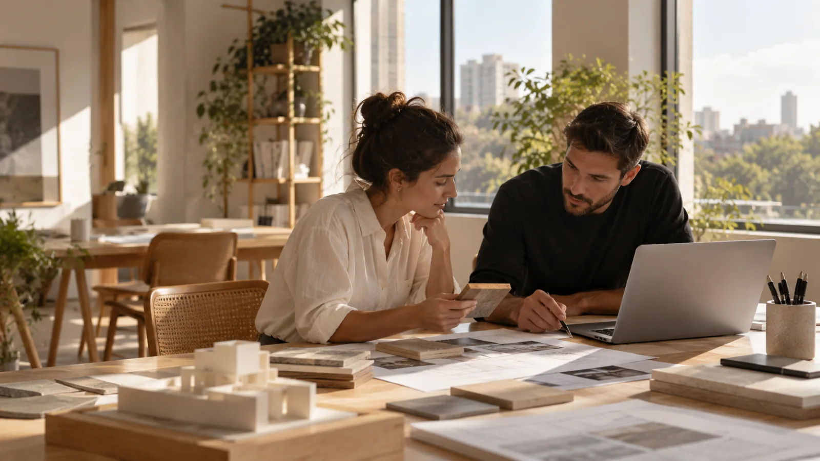 Dois profissionais comparando trabalho em uma mesa de estúdio de arquitetura minimalista, com laptop e amostras de materiais sob luz natural.