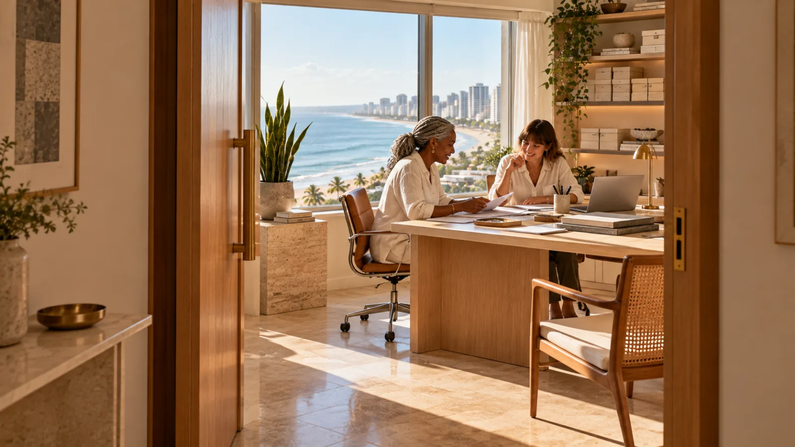 Duas sócias, uma negra de tranças grisalhas e uma branca de franja, revisam pastas no home office com vista para o mar, vistas pela porta