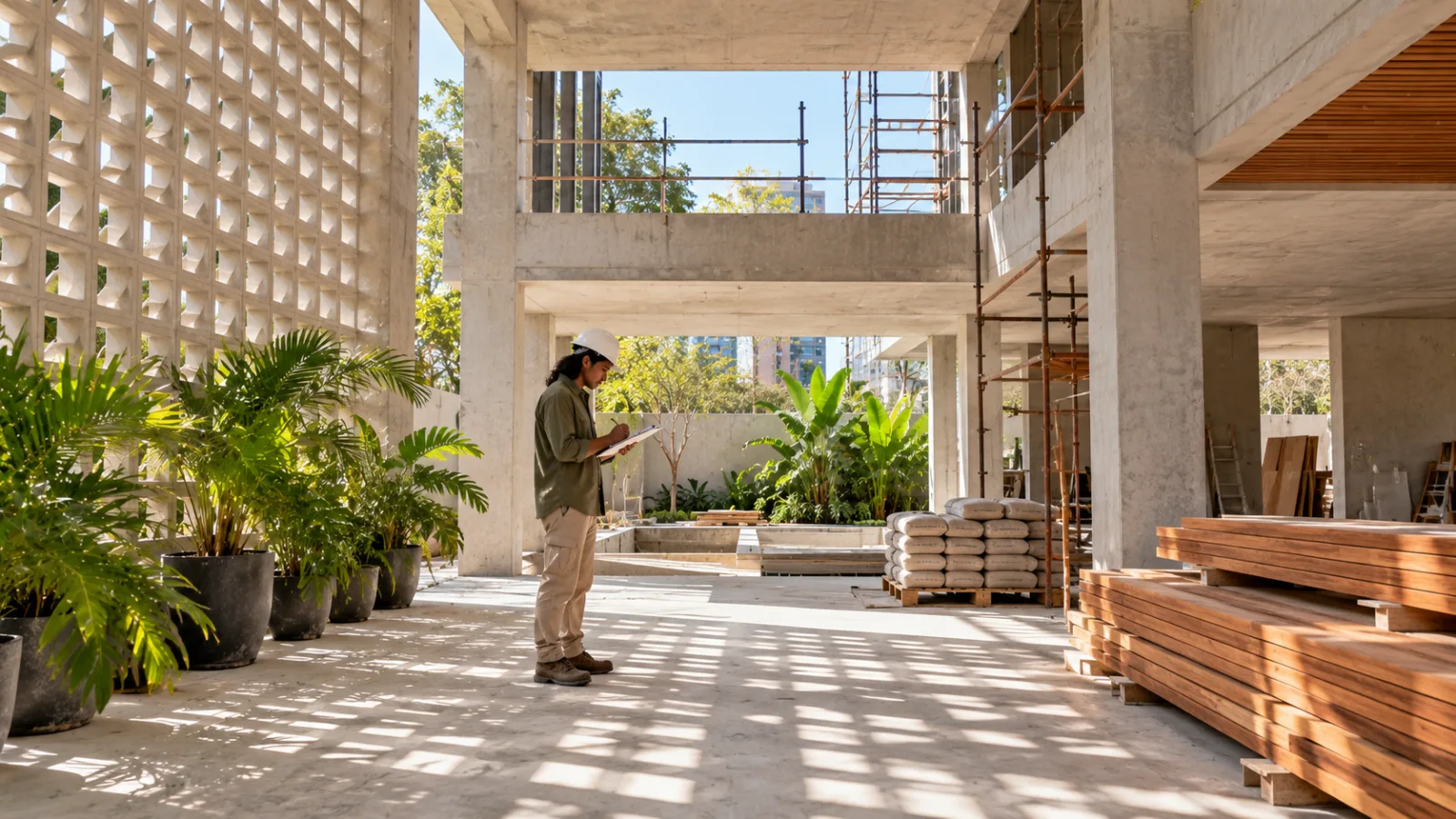 Arquiteto indígena de camisa verde anota numa prancheta sob sombras de cobogó, numa casa de concreto em obra organizada